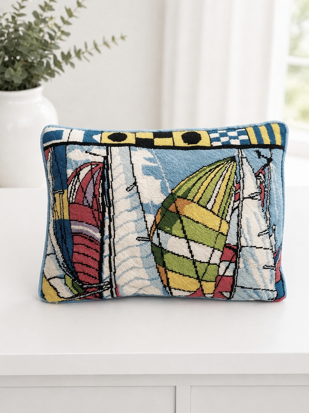 Vintage 80s Handmade Needlepoint Sailboat Pillow Nautical Decor 12x8 Colorful